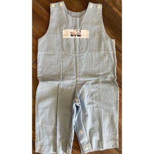 Strasburg Size 12 Months Blue and White Gingham Jon Jon Train Romper